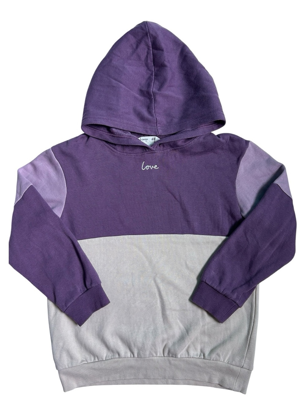 H&M Kids Two-Tone Purple Colour-Block Hooded Sweatshirt - Love Embroidered